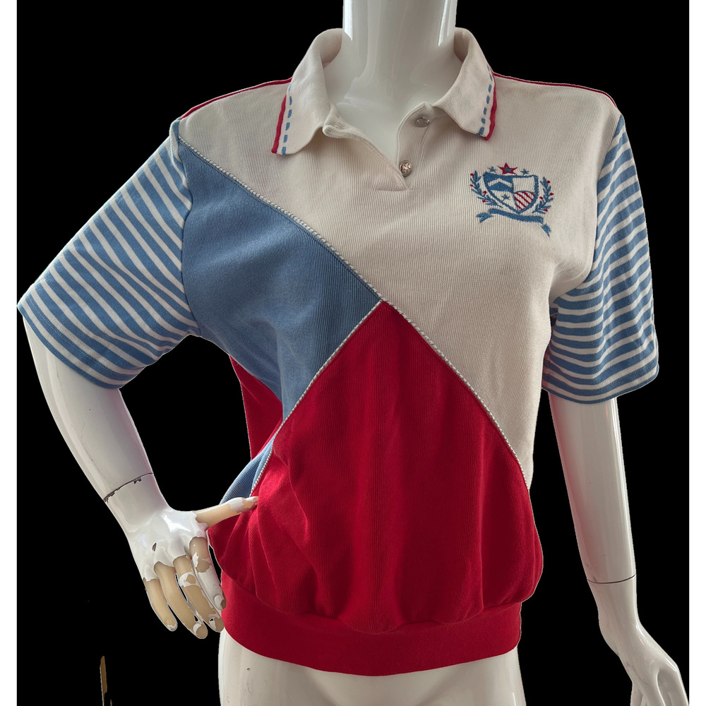 80s White Panel Striped Athletic Knit Henley Top